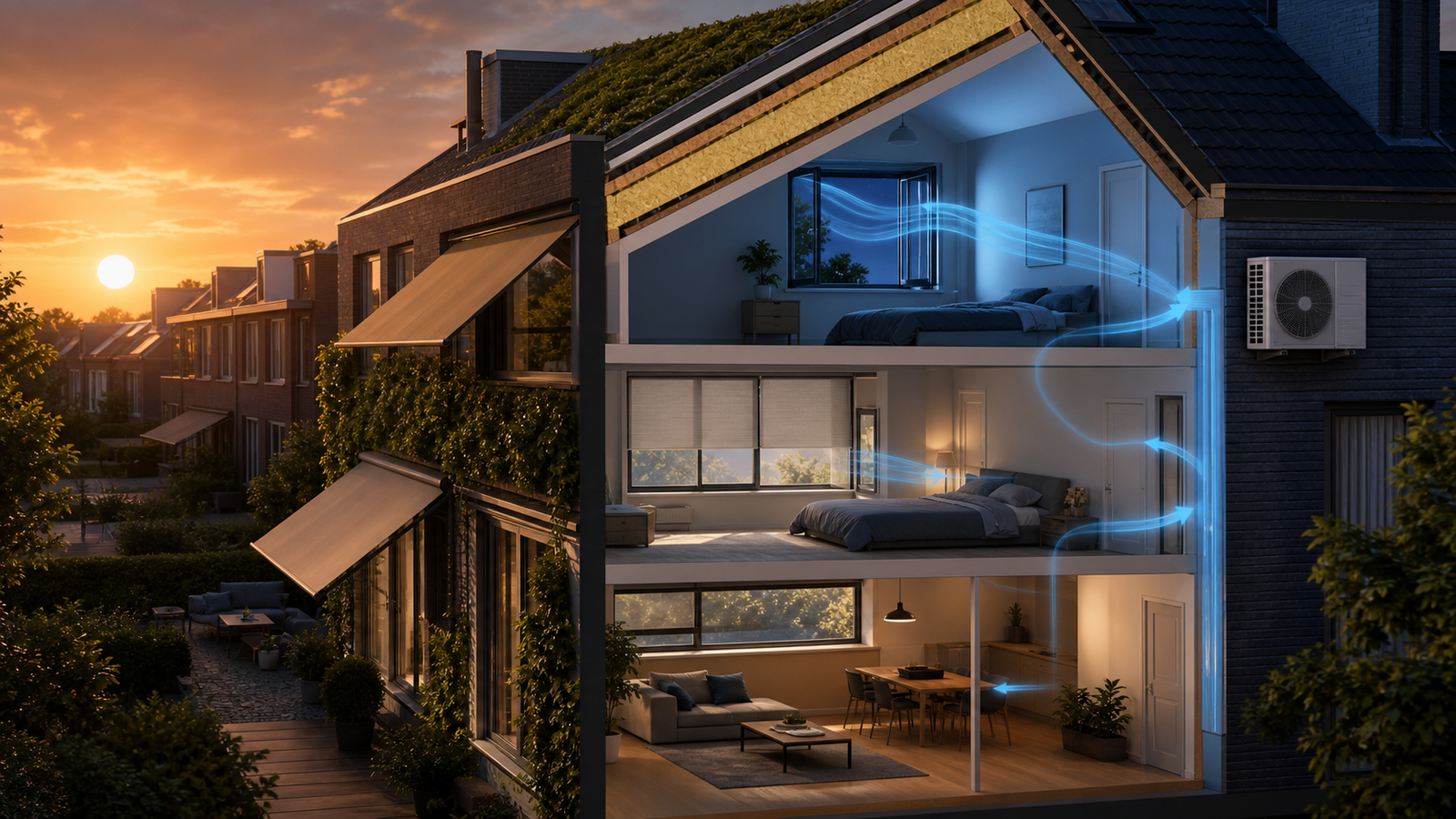 Nederlandse woningdoorsnede met zonwering, isolatie, groen en beperkte airco-inzet.