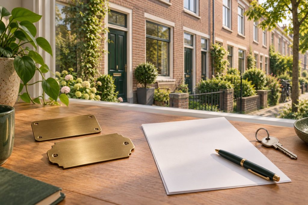 AI-illustratie van een fictieve woning en lege adresplaatjes; geen echt energielabel.