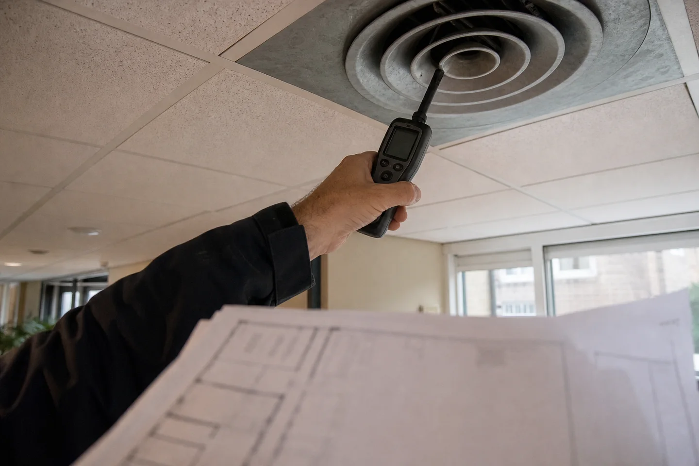 Technische meting bij een ventilatierooster in een kantoor